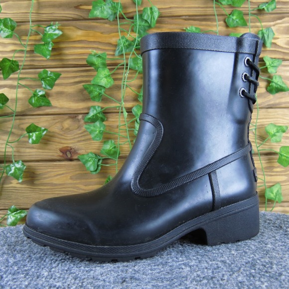 Sperry Women's Black Rubber Rain Ankle Boots Lace-Up Back Detail Size 5 - Picture 1 of 8